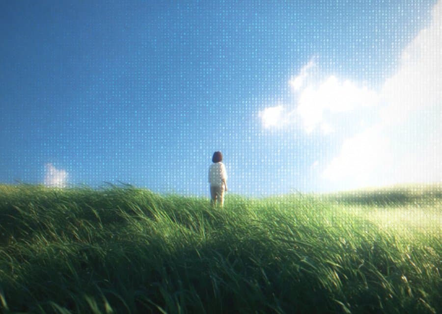 A woman standing in a field of tall grass under a bright sky